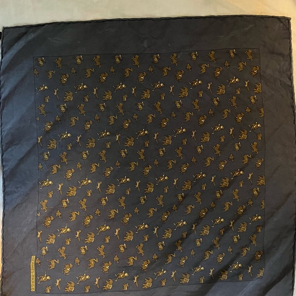 Hermes Navy and Gold Patterned Scarf